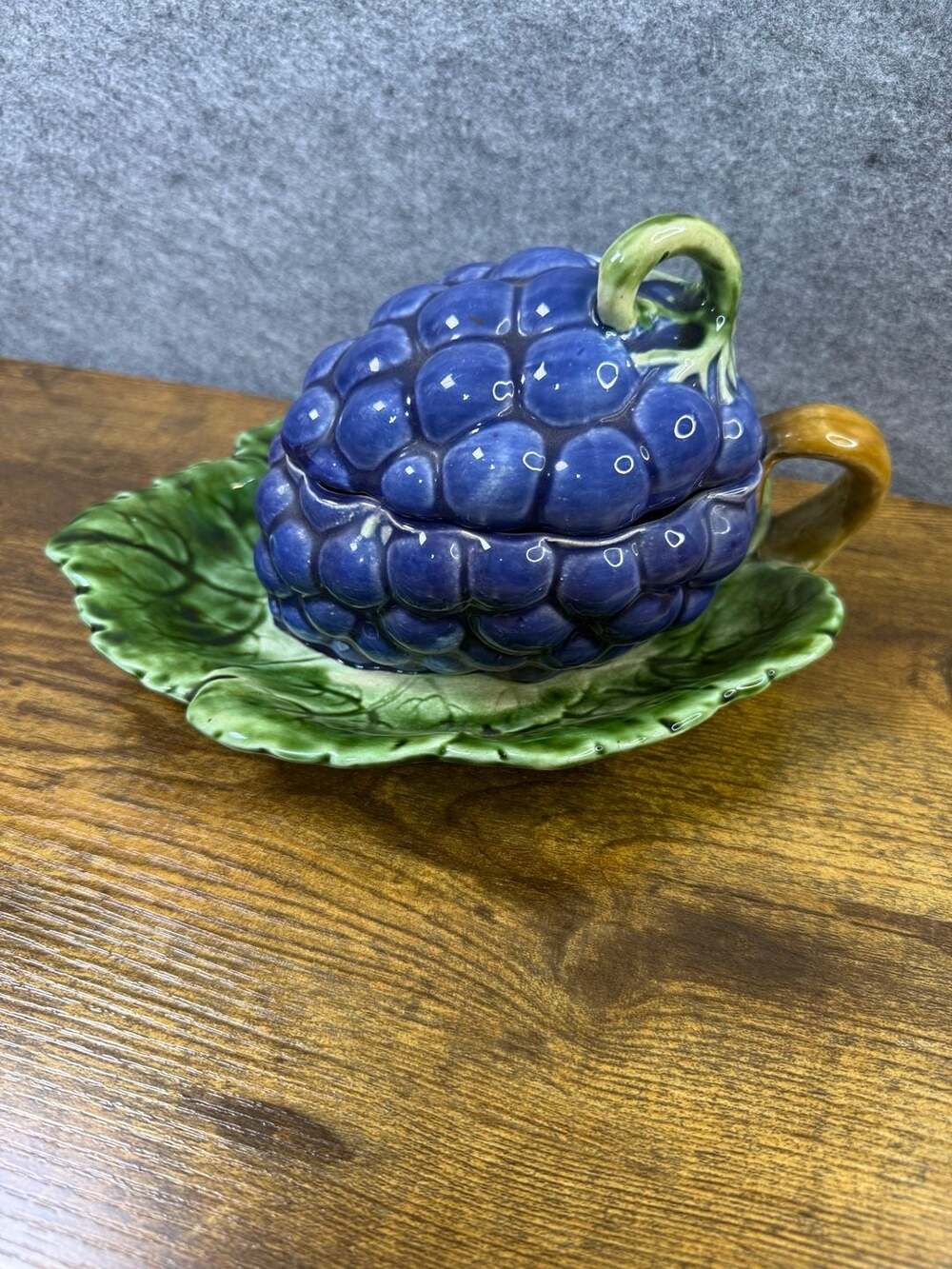 Vintage French Sarreguemines Majolica Lidded Grape Jam Pot and Leaf Plate